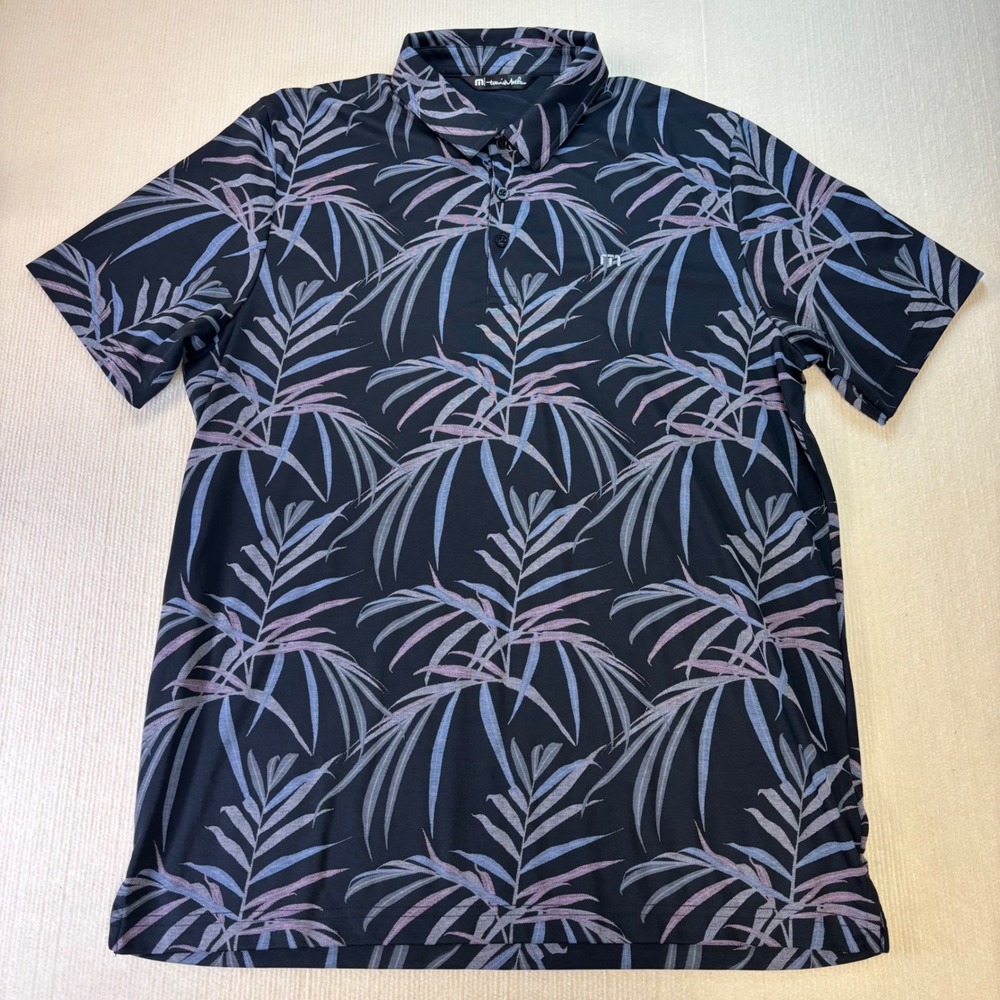 Travis Mathew Mens XL Black Tropical Palm Leaf Pima Cotton Blend Golf Polo Shirt